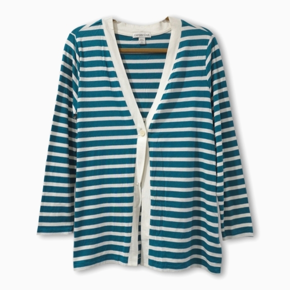 COLDWATER CREEK Teal & Cream Striped Single Button Cardigan, Supima Cotton Blend - Picture 1 of 13